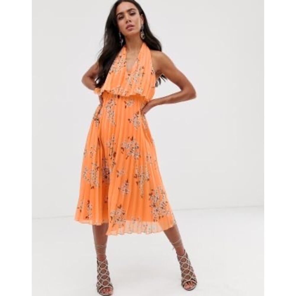 Nwt Asos Midi Halter Pleated Tiered Floral Print Apricot Dress Flowy Beachy sz 6